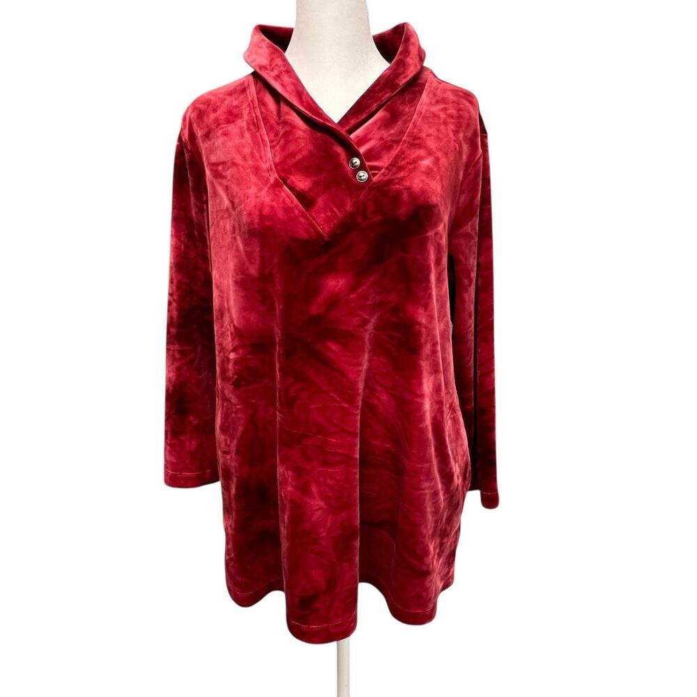 Ali Miles Red Velvet Tunic Velour Shawl Collar Pockets Burnout Shirt Size Medium